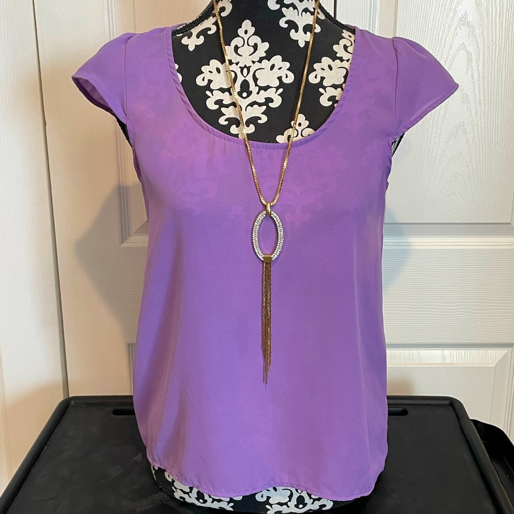 Wishful Park Lavender Scoop Neck Women’s Blouse with Ruffled Shoulder Cap Small
